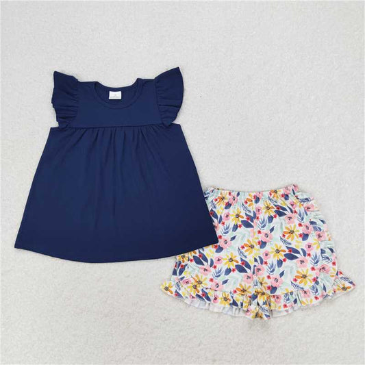 GSSO1296 Baby Girls Navy Flutter Sleeve Tunic Top Floral Ruffle Shorts Clothes Sets