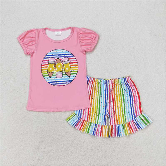 RTS NO MOQ Baby Girls Summer Sets GSSO1366 Pink Pencils Back To School Tops Ruffle Shorts Clothes Sets