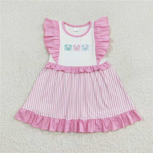 7.22 RTS NO MOQ Summer Baby Girls Dresses GSD1241 Crabs Pink Stripes Knee Length Dresses
