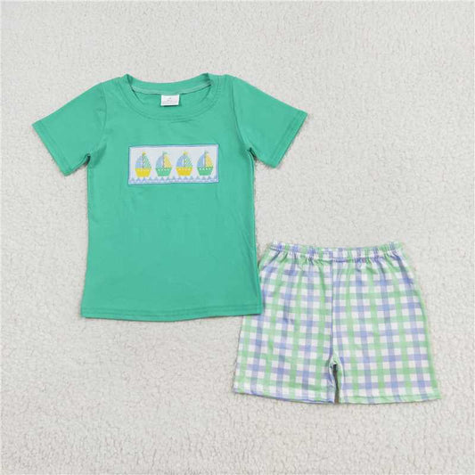 RTS NO MOQ Baby Boys kids Summer Sets BSSO0887 Sailboat Teal Short Sleeve Plaid Shorts Set