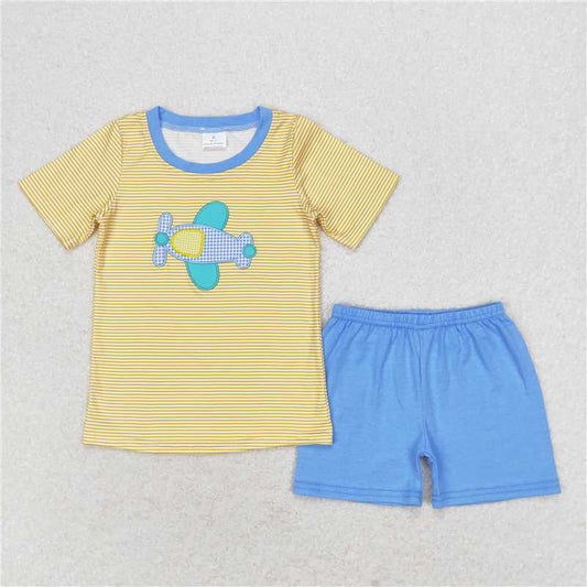 RTS NO MOQ Baby Boys kids Summer Sets BSSO0724 Airplane stripe yellow short-sleeved blue shorts suit