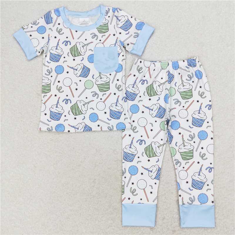 RTS NO MOQ Baby Boys Summer Sets BSPO0410 Cup Cake Pockets Tops Pants Pajamas Clothes Sets