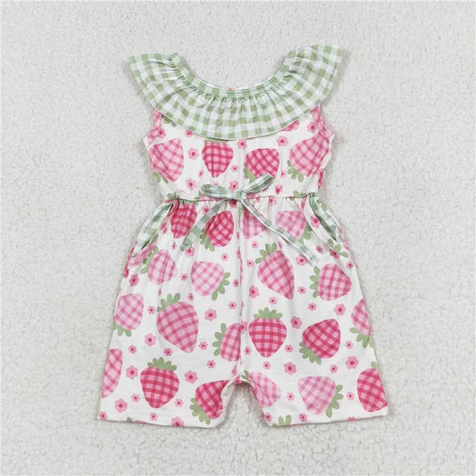 RTS NO MOQ Summer Baby Girls Bodysuit SR1565 Plaid Ruffle Strabwerry Pockets Jumpsuits