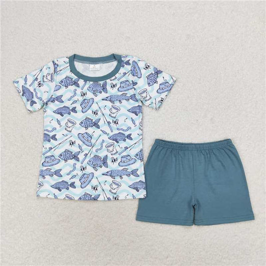 RTS NO MOQ Baby Boys kids Summer Sets BSSO0994 Fishing Wave Stripe Blue Shorts Set
