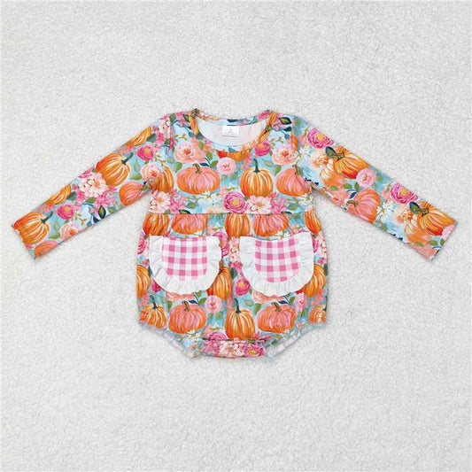 7.12 RTS NO MOQ Baby Girls Bodysuit LR1059 Pumpkin Flowers Checkered Rompers