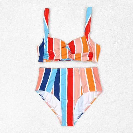 RTS NO MOQ Adult Women Summer Sets S0338 Colorful Stripes Top Bottom Swimsuits Sets