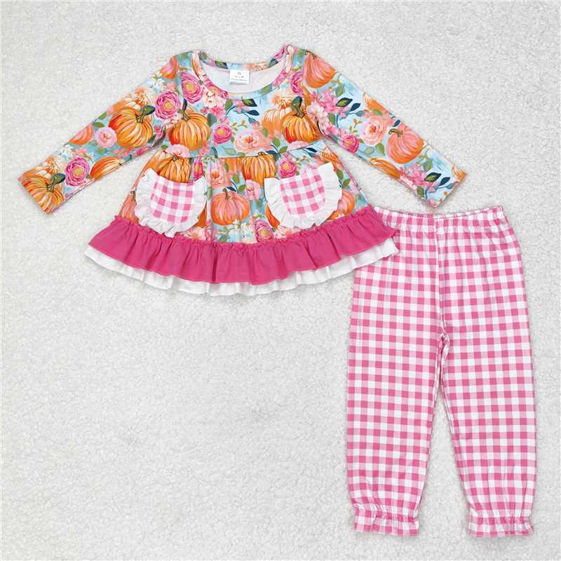 GLP1233 Baby Girls Pumpkin Flowers Tunic Top Legging Clothes Sets