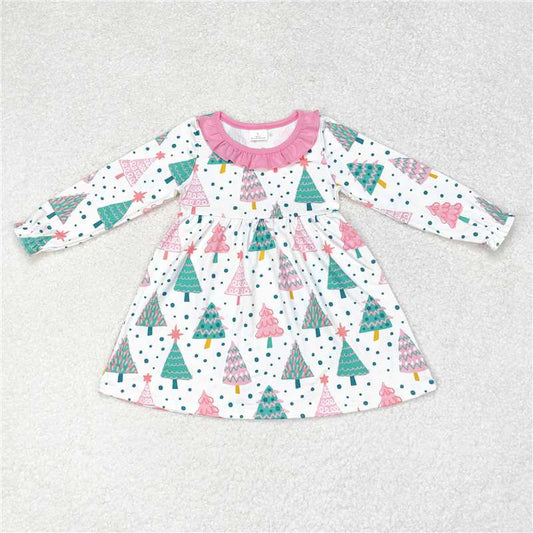 RTS NO MOQ Baby Girls Long Sleeve GLD0540 Pink Christmas Colorful Trees Knee Length Dresses