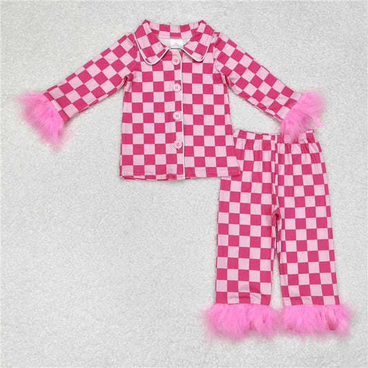 GLP1256 Baby Girls Dark Pink Checkered Buttons Top Pants Fur Pajamas Clothes Sets