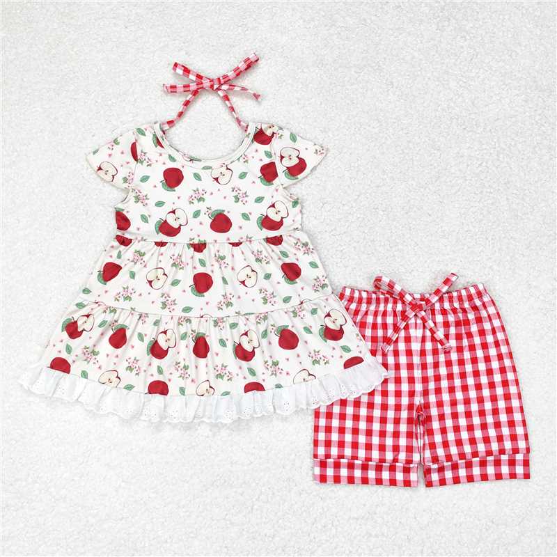 GSSO1416 Baby Girls Apples Back To School Tunic Checkered Shorts Clothes Sets