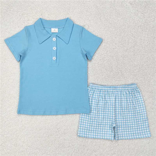 RTS NO MOQ Baby Boys kids Summer Sets BSSO0954 Solid sky blue short-sleeved plaid shorts suit