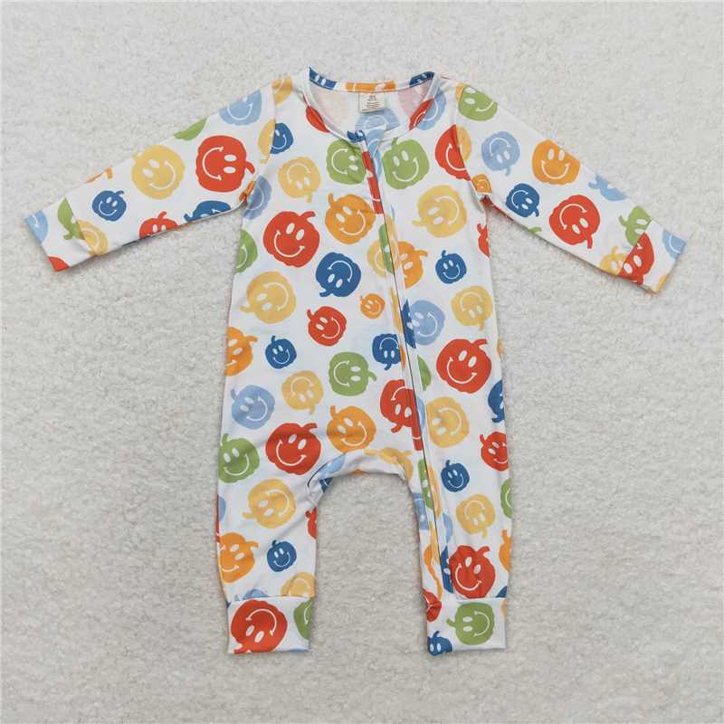 6.4 RTS NO MOQ Baby Boys Bodysuit LR1094 Halloween Pumpkin Zip Bamboo Long Sleeve Rompers