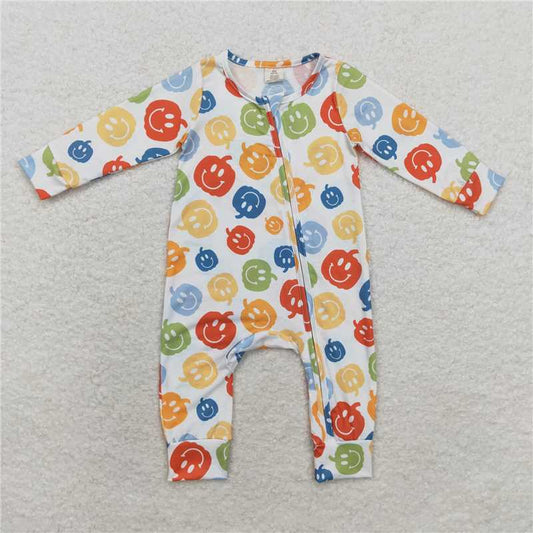 6.4 RTS NO MOQ Baby Boys Bodysuit LR1094 Halloween Pumpkin Zip Bamboo Long Sleeve Rompers