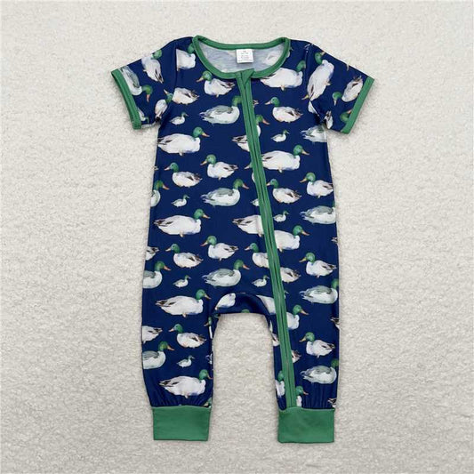 6.6 RTS NO MOQ Baby Boys Summer Bodysuit SR1897 Hunting Duck Zip Bamboo Rompers