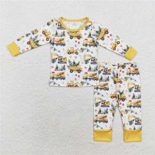 6.26 RTS NO MOQ Baby Boys Sets BLP0649 Digger Christmas Tree Top Pants Bamboo Pajamas Clothes Sets