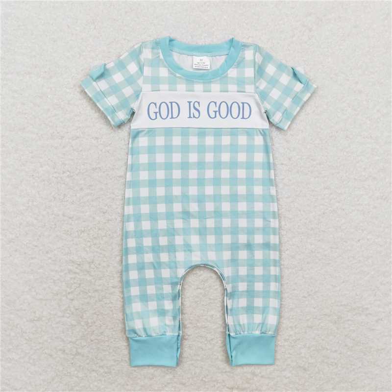 RTS NO MOQ Baby Boys Summer Bodysuit SR1939 Blue God Is Good Checkered Rompers