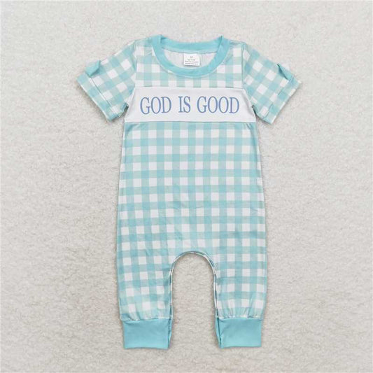 RTS NO MOQ Baby Boys Summer Bodysuit SR1939 Blue God Is Good Checkered Rompers