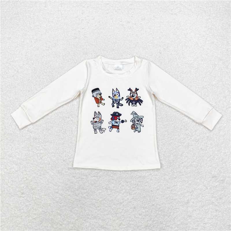 RTS NO MOQ Baby Girls Long Sleeve GT0701 Halloween White Dogs Tee Shirts Tops