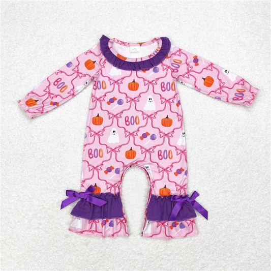 6.19 RTS NO MOQ Baby Girls Bodysuit LR1411 Pink Bows Halloween Ghosts Long Sleeve Rompers