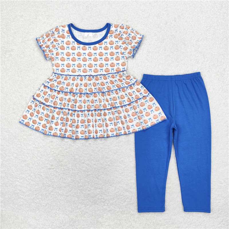 GSPO1678 Baby Girls Fall Pumpkins Bows Tunic Top Blue Pants Clothes Sets