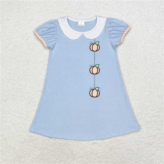 7.9 RTS NO MOQ Summer Baby Girls Dresses GSD1257 Blue Short Sleeve Pumpkins Knee Length Dresses