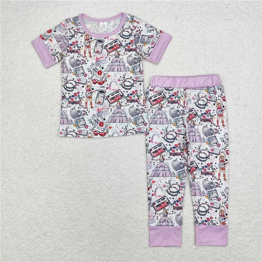 RTS NO MOQ Baby Girls Summer Kids Sets GSPO1656 Lavender Singer Shirt Bamboo Pajamas Clothes Sets