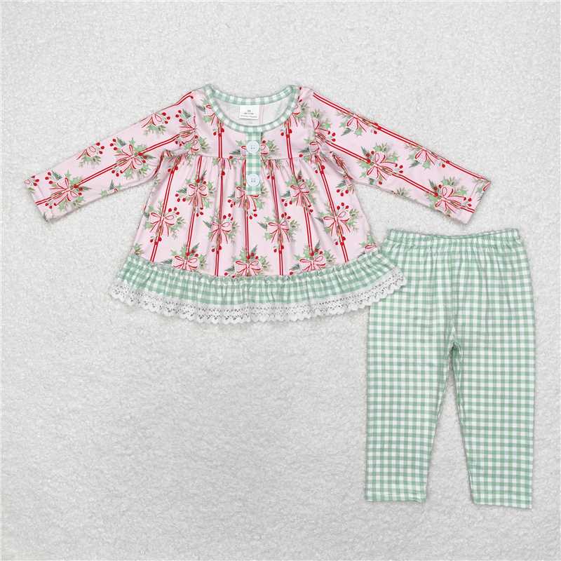 GLP1663 Baby Girls Christmas Holly Bow Tunic Legging Clothes Sets