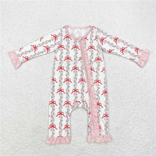 6.19 RTS NO MOQ Baby Girls Bodysuit LR1517 Christmas Red Bows Bamboo Rompers