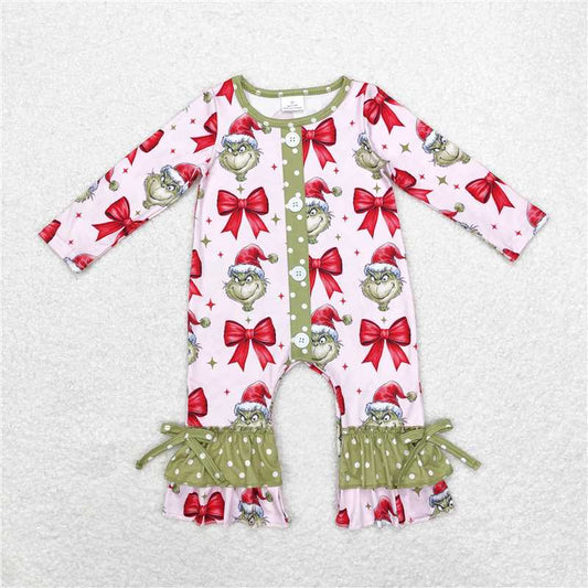 6.19 RTS NO MOQ Baby Girls Bodysuit LR1557 Christmas Green Face Bows Buttons Rompers