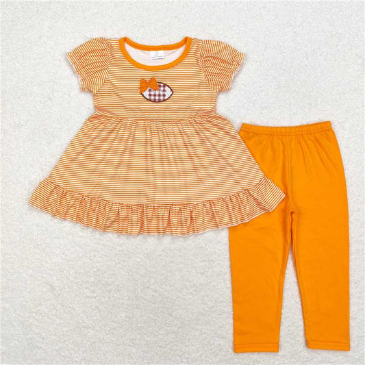 RTS NO MOQ Baby Girls Summer Kids Sets GSPO1674 Orange Stripes Football Tunic Legging Clothes Sets