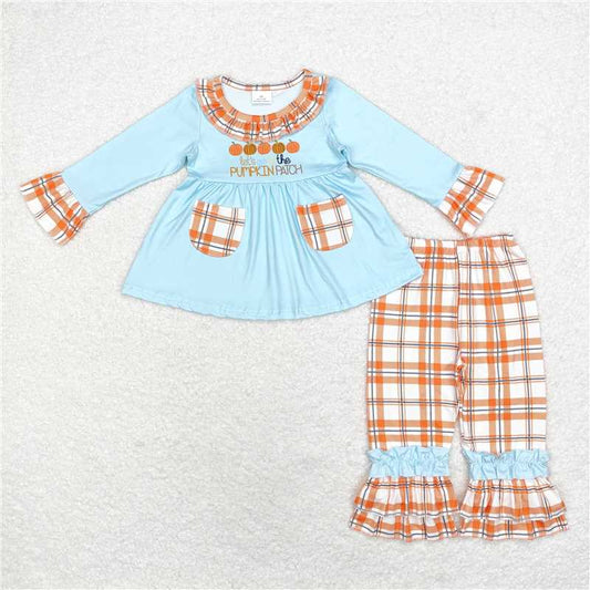 GLP1349 Baby Girls Fall Pumpkin Pockets Top Ruffle Pants Clothes Sets