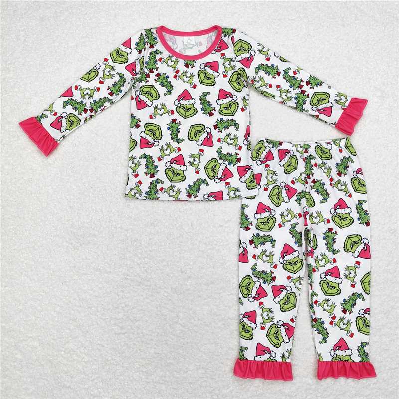 GLP1478 Baby Girls Christmas Green Face Hearts Bamboo Pajamas Clothes Sets