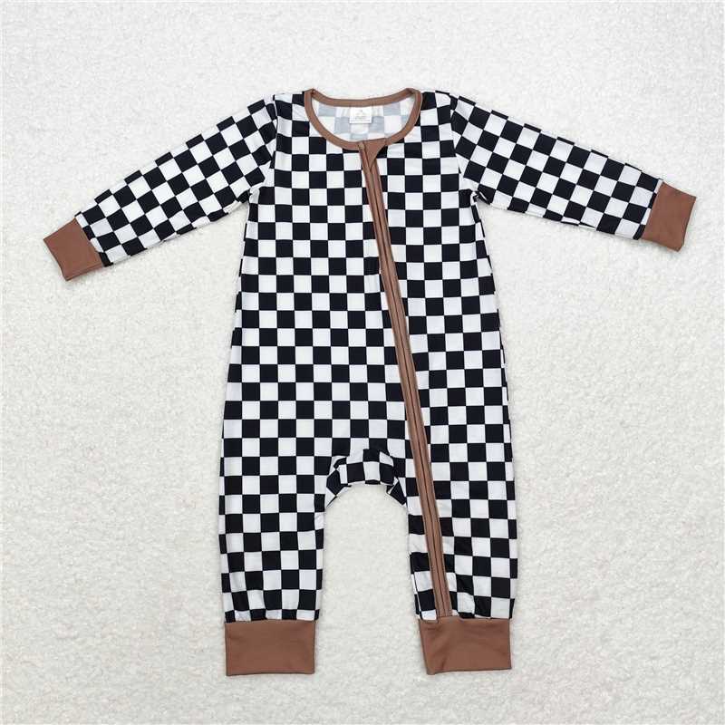 6.4 RTS NO MOQ Baby Boys Bodysuit LR1436 Fall Black Checkered Zip Bamboo Rompers