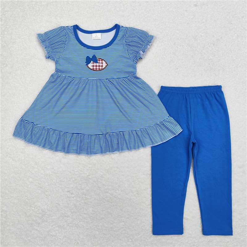 GSPO1677 Baby Girls Blue Stripes Football Tunic Legging Clothes Sets