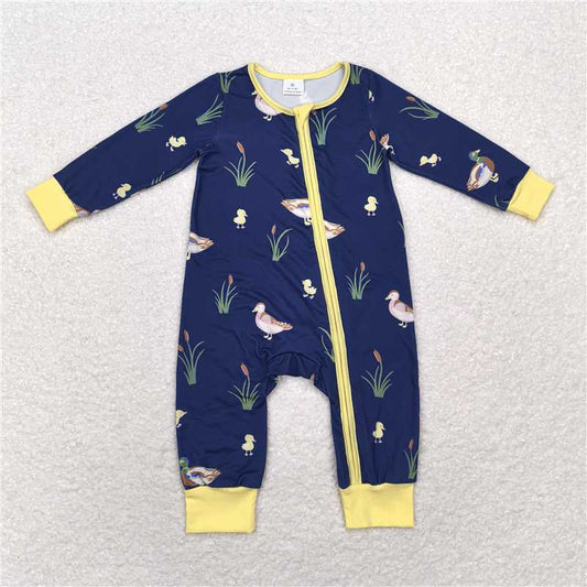 5.15 RTS NO MOQ Baby Boys Bodysuit LR1037 Yellow Fall Ducks Zip Long Sleeve Rompers