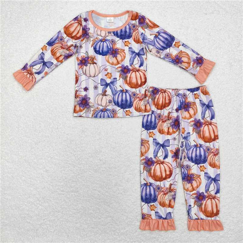 GLP1619 Baby Girls Purple Pumpkin Bows Bamboo Pajamas Clothes Sets