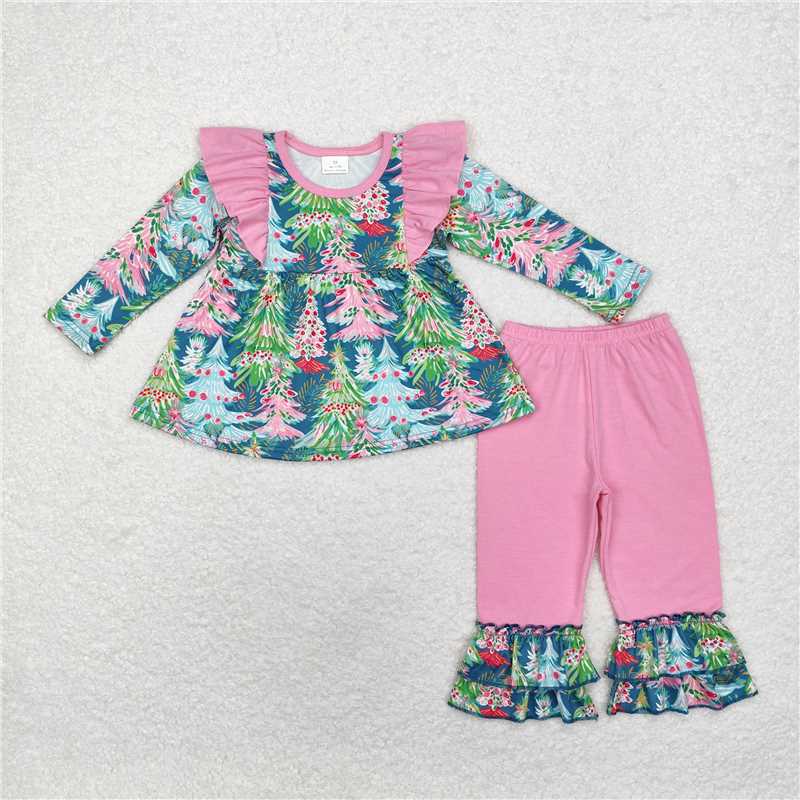 GLP1474 Baby Girls Colorful Christmas Tree Tunic Ruffle Pants Clothes Sets