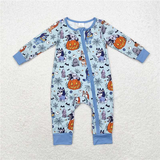 5.15 RTS NO MOQ Baby Boys Bodysuit LR1482 Halloween Blue Dogs Spider Zip Long Sleeve Rompers