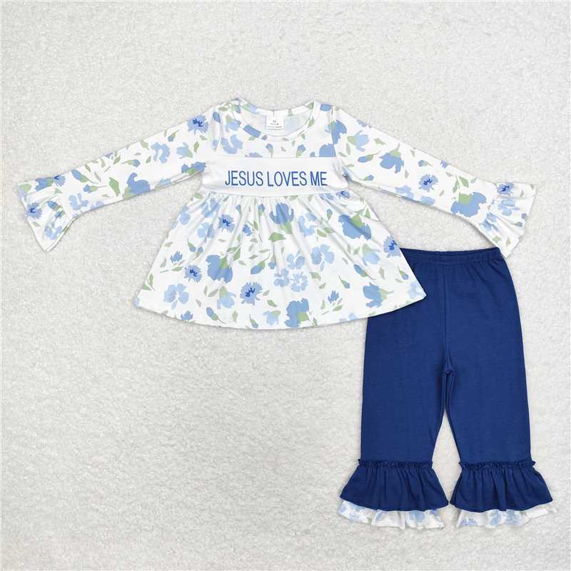 GLP1669 Baby Girls Flowers Jesus Loves Me Tunic Ruffle Pants Clothes Sets