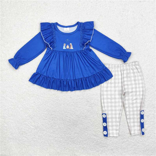 GLP1597 Baby Girls Blue Christmas Nativity Tunic Top Legging Clothes Sets