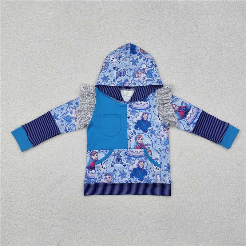 RTS NO MOQ Baby Girls Long Sleeve GT0890 Princess Blue Hooded Tee Shirts Tops