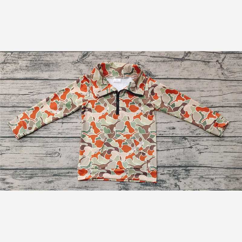 BT1069 Baby Boys Camo Longhorn Long Sleeve Zip Pullovers Tops