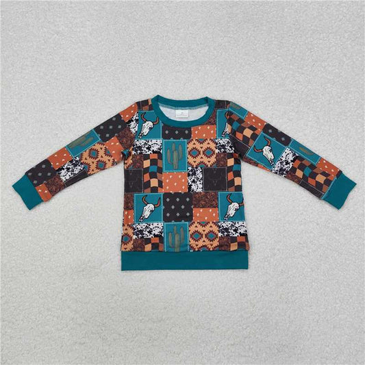 RTS NO MOQ Baby Boys Long Sleeve BT1060 Western Cactus Bull Skull Green Tee Shirts Tops