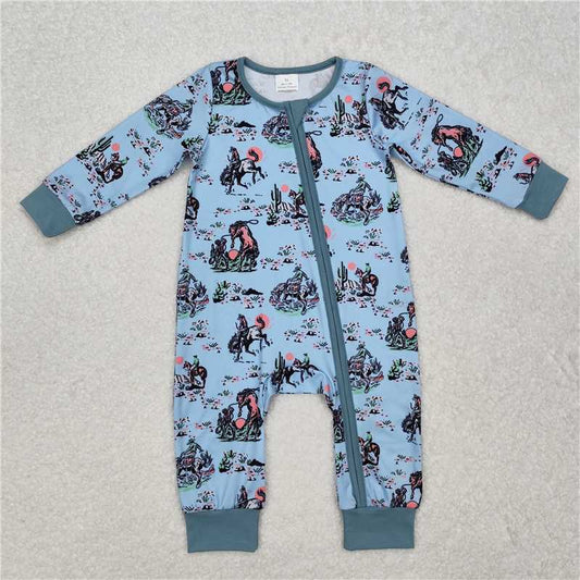 RTS NO MOQ Baby Boys Bodysuit LR1578 Western Rodeo Horse Zip Long Sleeve Rompers