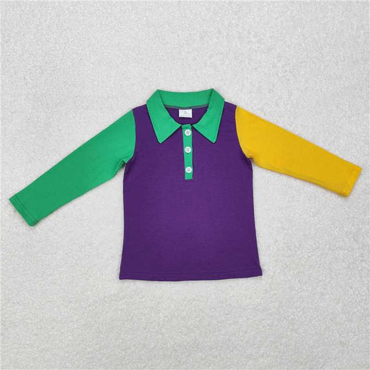 RTS NO MOQ Baby Boys Long Sleeve BT0997 Mardi Gras Purple Buttons Tee Shirts Tops