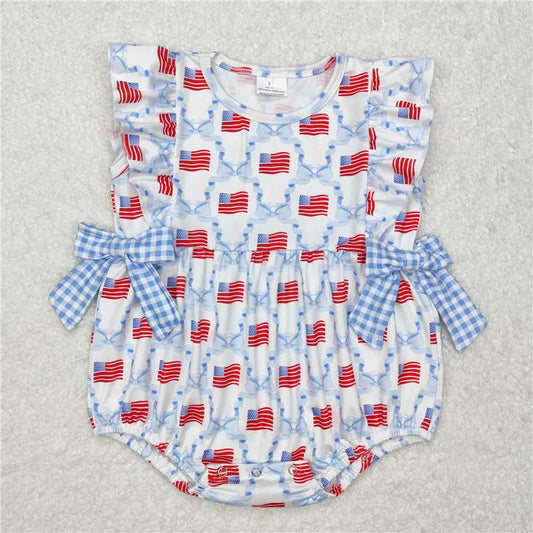 RTS NO MOQ Baby Girls Summer Bodysuit SR2353 Blue Bows Flag Bubbles 4th Of July Rompers