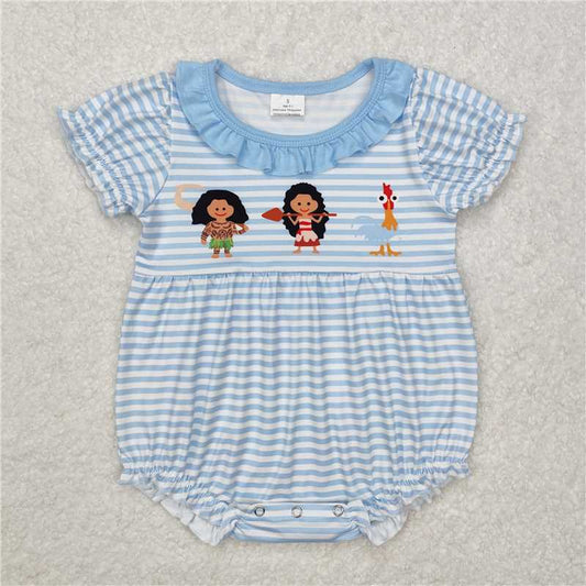 RTS NO MOQ Baby Girls Summer Bodysuit SR2419 Light Blue Strips Island Princess Rompers