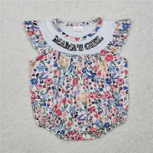 7.11 RTS NO MOQ Summer Baby Girls Bodysuit SR2386 Mama's Girl Blue Flowers Flutter Sleeve Rompers