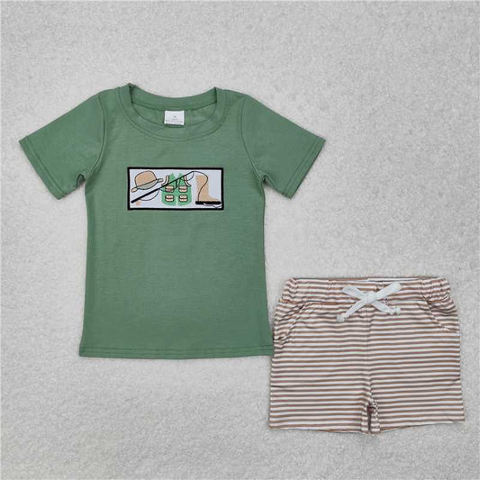 RTS NO MOQ Baby Boys kids Summer Sets BSSO1154 Fishing rod vest hat boots green short sleeve striped shorts suit