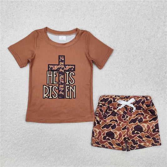RTS NO MOQ Baby Boys kids Summer sets BSSO1162 Camouflage Cross Brown Short Sleeve Shorts Set